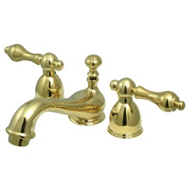 Kingston Brass KS3952AL Restoration Mini Widespread Lavatory Faucet with Metal lever handle, Polished Brass, 4-Inch Adjustable Center