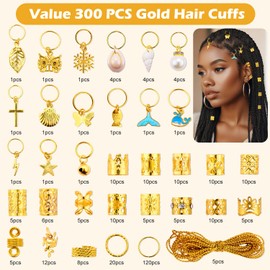 300 PCS Gold Hair Jewelry for Women Braids, Gold Hair Cuffs Charms Jewelry for Braids with Ring & Pendant, Dreadlock Accessories for Women Clip Extensions Decorations