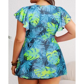 Plus Size Tankini Swimsuits - Women Two Piece Bathing Suit with Shorts Swimwear Ruffle Sleeve 2025 Blue Leaf