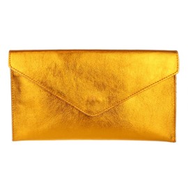 Girly Handbags Genuine Italian Suede Leather Envelope Clutch Bag Envelope Wristlet (Metallic Orange)