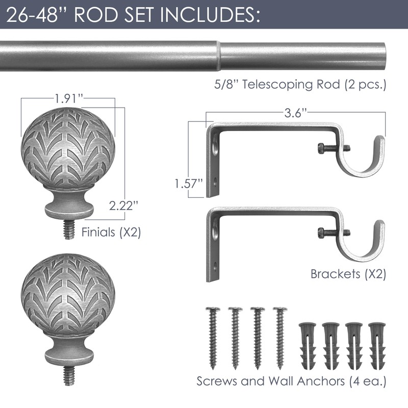 Hermosa 26-48 Inch Adjustable Curtain Rod Set, 5/8 Inch Diameter
