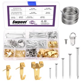 Swpeet Picture Hanging Kit, Hanging Hardware with Hooks, Wire, Nails, D Ring, Wall Hanging Kit with Hangers, Magnetic Level and Small Pink Claw Hammer, Nails for Hanging Pictures for Home Decor (N2)