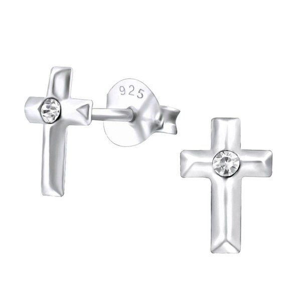 Sterling Silver Small Cross Earrings with a Crystal Stone Plain
