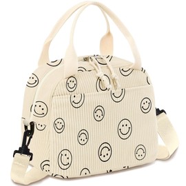 WOBAGMEN Lunch Bag for Women,Cute Corduroy Lunch Box Smiley Lunch Bag With Shoulder Strap for Adult,Large Lunch Tote Bag,Leakproof Cooler Lunch Case Reusable Insulated Lunch Box for Work Picnic Travel