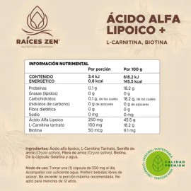 Ácido Alfa Lipoico Con L-Carnitina Y Biotina Suplemento Raices Zen 120 Cápsulas Sin Sabor Para Más De 2 Meses                                         