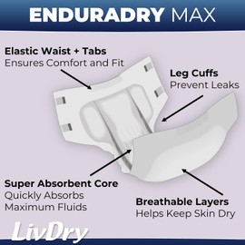LivDry EnduraDry Max Adult Diapers with Tabs, Up to 12-Hours, Super Absorbent Incontinence Underwear, Leak Protection Briefs, Large, 16-Pack