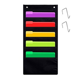 Godery 5 Pocket Hanging Wall Organizer, Heavy Duty Storage Pocket Chart Cascading Fabric File Organizer, Office Supplies Storage, Ideal for Office, Home Classroom or Studio Use (Black)