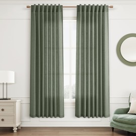 Joywell Olive Semi Sheer Curtains 72 Inch Length 2 Panels Set Aesthetic Bathroom Curtains Window Boho Decor Rustic Hook Belt Back Tab Rod Pocket Spring Room Decor Flax Linen Emerald Dark Green