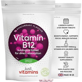 Vitamin B12 1000mcg High Strength Sublingual Tablets, 180 Vegan Blackcurrant Tablets, Vitamin B12 Supplement for Energy, Metabolism, Nervous System and Reduced Tiredness, UK Made | Just Vitamins