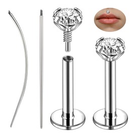 ZS 1 Pair 316L Stainless Steel Labret Lip Stud, Internal Thread Philtrum Ashely Jewelry CZ Tragus Helix Nose Nostril Piercing 16G Flat Back Earrings Studs for Women Men (Silver,16g,L:6mm,CZ:2mm)