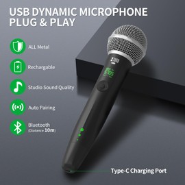XTUGA Wireless Microphone, Rechargeable UHF Handheld Dynamic Wireless Mic with 2 Adapters Compatible with Phone/PC, Wireless Karaoke Microphone Bluetooth for Singing, Wedding, DJ, Party, Speech