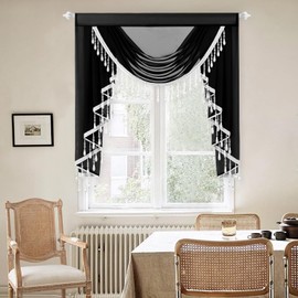 Leeva Black Waterfall Valances for Windows, Vintage Swag Curtain Sheers with Rod Pocket, Beaded Tassel Edge Voile Drapes for Bedroom Living Room Windows, 1 Panel, 43x39 Inches