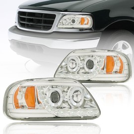 Fullux LED Headlights Compatible with 1997-2004 Ford F150 / 1997-1999 F250 / 1997-2002 Expedition Replacements Headlamp Amber Reflector Chrome Housing