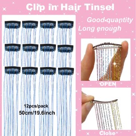 12Pcs Hair Tinsel Clip in Hair Extensions 19.6Inch Clip in Hair Tinsel Glitter Tinsel Hair Extensions Shiny Sparkly Fairy Hair Tinsel Kit Dazzle Hair Accessories for Women Girls Kids (Sapphire Blue)
