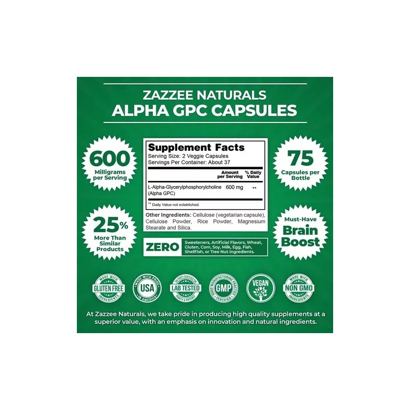 Zazzee Alpha Gpc Choline 600mg Función Cerebral 75 Cápsulas Sabor