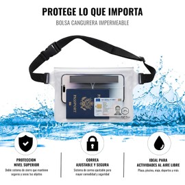Hill Bros Bolsa Impermeable Cangurera Mujer Hombre Sumergible Extra Grande, Bolsa de Playa, Riñonera Mujer Hombre a Prueba de Agua y Arena, para Playa, Senderismo y Alberca (Negro transparente)