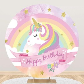 Renaiss 6.5x6.5ft Colorful Unicorn Round Backdrop Covers for Photoshoot Kids Girl Portrait Golden Stars Rainbow Circle Photography Background Happy Birthday Party Decors Photo Booth Props Yard Sign