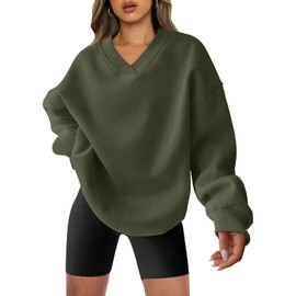 ANRABESS Womens Oversized V Neck Sweatshirt Fleece Long Sleeve Hoodies Pullover Comfy Top Outfits 2024 Teen Preppy Clothes Large Army Green