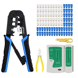 NataLink RJ45 Crimp Tool Ethernet Crimper Tool Kit Cat 6 Cat 5E Cat 5 Crimping Tool with Network Cable Tester, Wire Cutter Pliers, Mini Cable Stripper, 50 Pcs Cat 5E Connector and Strain Relief Boots