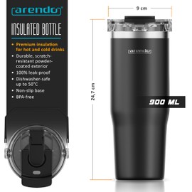 Arendo Stainless Steel Water Bottle, Insulated Water Bottle, BPA Free, Metal Water Bottle 900ml, Drink Flask 12h Cold 6h Warm, Drinking Bottle Ideal for Adult, Kids, Cycling, Gym, Yoga