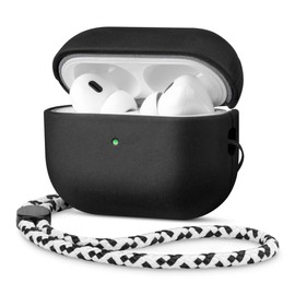 RIXENY Genuine Leather Vintage Case for AirPods Pro 2 (with Hand Strap) - Crazy Horse Leather 2nd Generation Classic Retro Design Front LED Window Viewing Sync Pairing Button, Vintage Black
