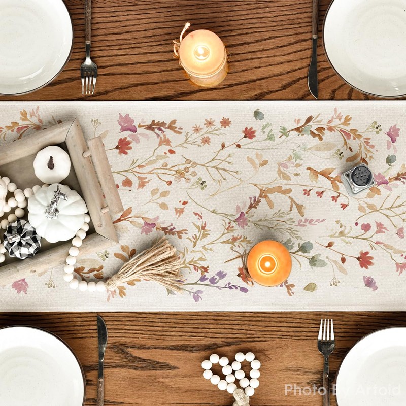 Artoid Mode Flowers Leaves Autumn Table Runner, Seasonal Fall Kitchen
