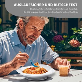 MUSLONG Plate and Bowl with High Rim, BPA-Free, Suction Cup, Anti-Slip, Eating Aid, Raised Edge for the Care of Disabled and Elderly People (White, Bowl + Plate)