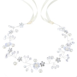 Flower Girl Headpiece Hair Accessories 1 Piece Bridal Pearl Flower Headpiece Headband Flower Pearl Headpiece Princess Crystal Pearl Hair Accessories for Birthday Party First Communion Wedding (Gold)