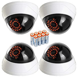 MaximalPower Fake CCTV Security Dummy Dome Camera with Red LED Light for Home, Shop, Business, etc. (4 Pack & 8PC AA Battery)