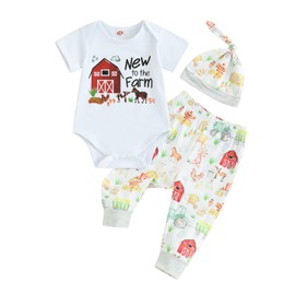 SAYOO Baby Layette Set Infant Boy Farm Animals Bodysuit Clothes Letter Romper+Pants Newborn Coming Home Outfit with Hat (New to the farm White, 0-3 Months)