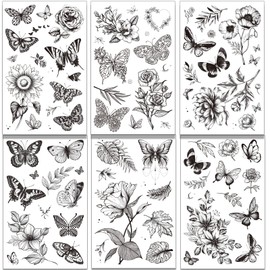 Tazimi 6 Sheets Flower Butterfly Temporary Tattoos For Women Girls Long Lasting Realistic Waterproof Fake Tattoos Arm Legs Chest Body Art Sketch Tattoo Stickers