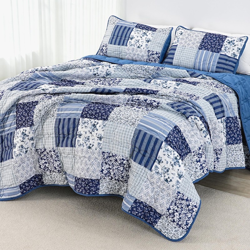 Full Queen Size Quilt Set Blue Floral Bedding Set 3-Piece