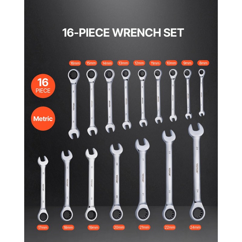 VEVOR Combination Wrench Set, 16-Piece Ratcheting Wrench Set with Organizer