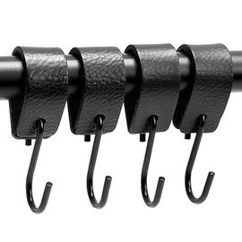 WLICCHS Pack of 4 S Hooks Black with Leather Loop, Hangers Coat Hooks with Leather Loop, Clothes Rail Hooks, Clothes Handle Hooks, Pram Hooks, S Metal Hooks, Black for Clothes Rail Bathroom