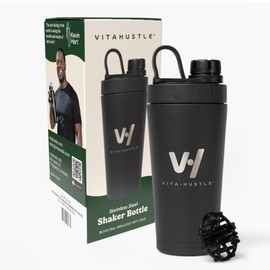 VitaHustle Stainless Steel Shaker Cup with Twist Cap, Leakproof, Blender Ball, Perfect for Protein Shakes or Post Workout, Fits Car Cup Holder, BPA Free, 20 oz (Black)