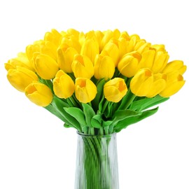 AWARDSEN 20pcs Yellow Tulips Artificial Flowers Fake Silk Tulips Real Touch Flowers for Spring Kitchen Wedding Home Decor Arrangements Easter Decor 14 Inch
