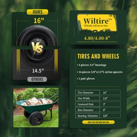 Wiltire (2 Pack) 4.80/4.00-8" Tire and Wheel, 16 inch Solid Wheel with 5/8" Extra 3/4" Bearings,3" Centered Hub with, Replacement Tube for Wheelbarrows, Garden, Utility Carts,Trolleys(Black)