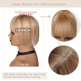 FQNing Human Hair Topper with Bangs, Remy Hair Piece Cap Size 5''*5.5'' Soft for Women (honey blonde with toffee lowlights and level 9/10 root, Bangs T16/10, 10 Inch)