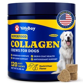 Collagen for Dogs - Collagen Soft Chews for Hip, Joint, Cartilage & Mobility Support, Skin & Coat Supplement for Dogs, with Types I, II & III Collagen and Superfood - 120 Count, Duck & Pear Flavor