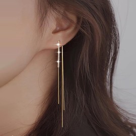 Inateannal Rhinestone Chain Tassel Earrings Gold Long Chain Dangle Earrings Crystal Chain Ear Jacket Earrings CZ Linear Tassel Drop Earrings Jewellery for Women and Girls, Zinc, No Gemstone