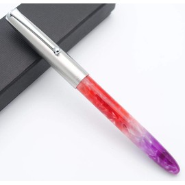 JINHAO 51A Celluloid Acrylic Fountain Pen Steel Cap Ink Pen (Fluorescent Red, Extra Fine Nib 0.38mm)