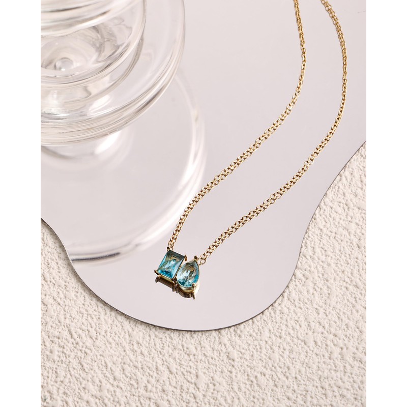Desnuage 14K Gold Plated Double Aquamarine Birthstone Necklace Dainty Square