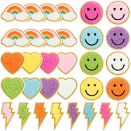32pcs Colorful Chenille Embroidered Patches Preppy Iron on Patches for Girls Cute Glitter Lightning Bolt Sew on Applique DIY Craft Accessories for Backpacks Clothing Jackets Hats
