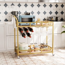 Furmax Bar Cart Home Industrial Mobile Bar Cart Serving Wine Cart on Wheels with Wine Rack and Glass Holder Storage Shelves, Cocktail Cart for The Home Kitchen Dining Party (Gold, 15"D x 31"W x 35"H)