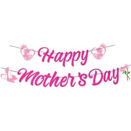 Happy Mothers Day Banner, Mother's Day Banner with Heart and Rose Signs for Mother's Day Hanging Decorations Party Supplies Home Decoration