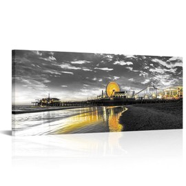 Conipit Gray Yellow Canvas Wall Art Santa Monica Pier Art Prints Los Angeles Pictures California Ferris Wheel Artwork Painting Gallery Wrapped L48xH20inch