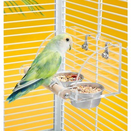 Bird Cage Seed Catcher Feeder with Perch and Anti-Slip Stand, Parrot Food Bowl for Medium Birds, Conures, Caiques, Small Cockatoos (S)