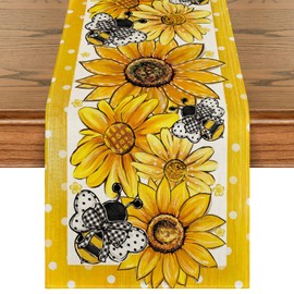Artoid Mode Sunflower Bee Flower Polka Dot Summer Table Runner, Seasonal Kitchen Dining Table Decoration for Indoor Party Home 13x36 Inch