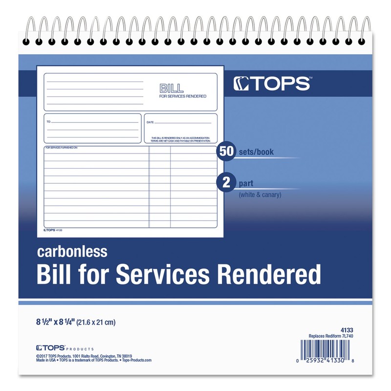 TOPS 2-Part Carbonless Bill for Services Rendered Book, 8.5 x