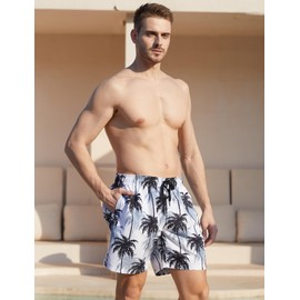 Men's Swim Trunks Men 5 Inch Balck Hawaiian Swim Board Short with Compression Liner Quick Dry White Palm Tree Bathing Suit
